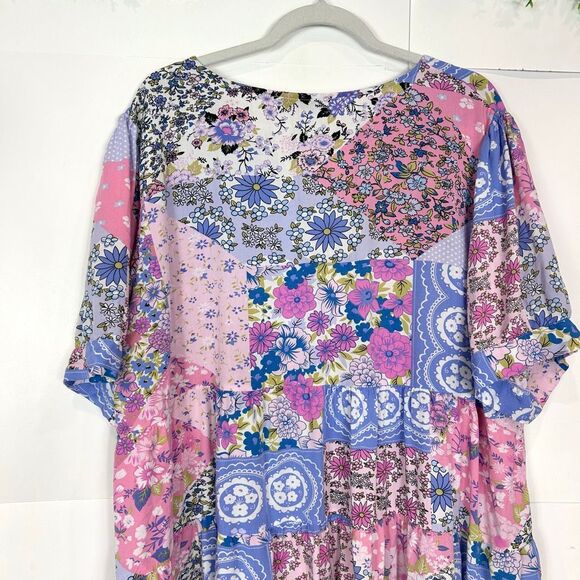 Rusttydustty Dress 3XL Purple V-Neck Short Sleeve Tiered Floral Mini Patchwork - Picture 9 of 15